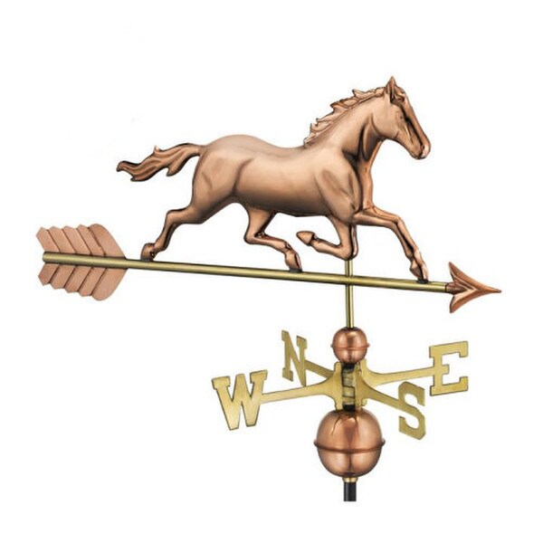 Copper weathervane horse trotting across a brass compass points colt